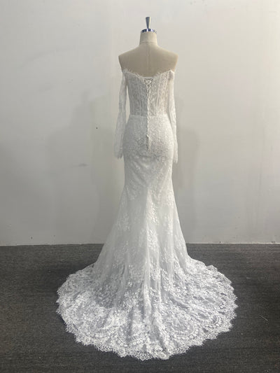 Mermaid Lace Wedding Dress Two Piece Off Shoulder Detachable Tulle Overskirt