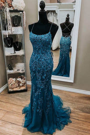 Mermaid Scoop Neck Straps Sleeveless Teal Blue Lace Tulle Formal Prom Dress
