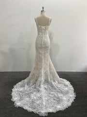 Lace Mermaid Wedding Dress Spaghetti Strap 3D Floral Beading Court Train