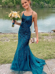 Mermaid Scoop Neck Straps Sleeveless Teal Blue Lace Tulle Formal Prom Dress