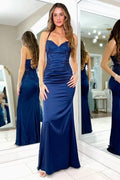 Navy Blue Satin Mermaid Spaghetti Straps Lace Appliques Long Prom Dress