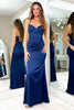 Navy Blue Satin Mermaid Spaghetti Straps Lace Appliques Long Prom Dress