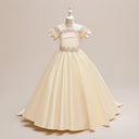 Атласное свадебное платье цвета шампанского с короткими рукавами и прозрачным вырезом, кружево