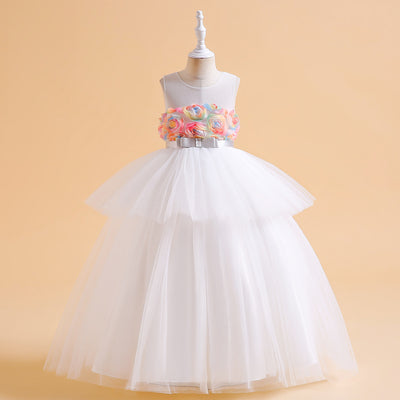 Ball Gown Tulle Sheer Roses Long Wedding Flower Girl Dress Birthday Party Pageant