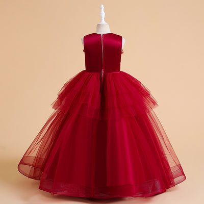 Princess Ball Gown Tiered Red Tulle Wedding Flower Gilr Dress Birthday Party