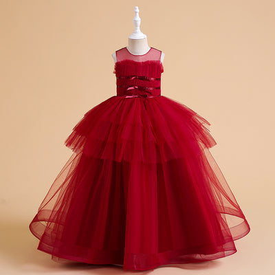 Princess Ball Gown Tiered Red Tulle Wedding Flower Gilr Dress Birthday Party