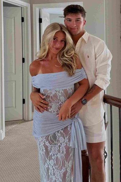 Off-Shoulder Classy Blue Lace Long Evening Dress