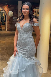 Mermaid Straps Off-Shoulder Illusion V-Neck Lace Tulle Ruffles Prom Dress