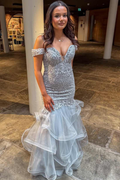 Mermaid Straps Off-Shoulder Illusion V-Neck Lace Tulle Ruffles Prom Dress
