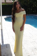Off Shoulder Yellow Satin Pleats Mermaid Long Prom Dress