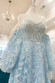 Princess Sweetheart Lavender Bustier Puff Sleeve Lace Long Prom Gown, Slit