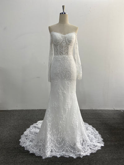 Mermaid Lace Wedding Dress Two Piece Off Shoulder Detachable Tulle Overskirt