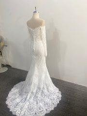 Mermaid Lace Wedding Dress Two Piece Off Shoulder Detachable Tulle Overskirt