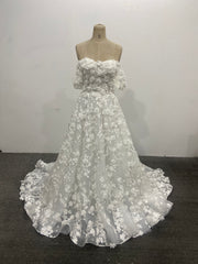 3D Lace Wedding Dress Off Shoulder Sweetheart Floral Tulle Court Train