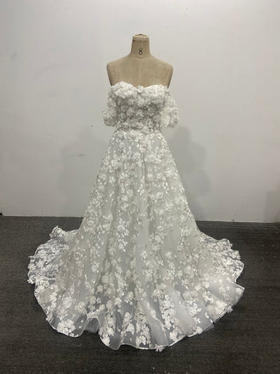3D Lace Wedding Dress Off Shoulder Sweetheart Floral Tulle Court Train