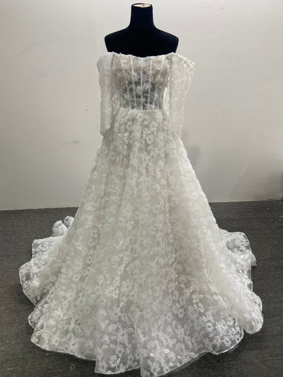 Off Shoulder Wedding Dress A-line 3D Floral Lace Tulle Corset Detachable Long Sleeve