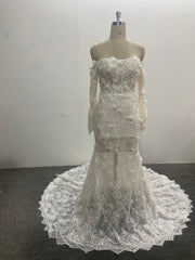 3D Floral Lace Mermaid Wedding Dress Off Shoulder Long Sleeve Sweetheart Lace Up