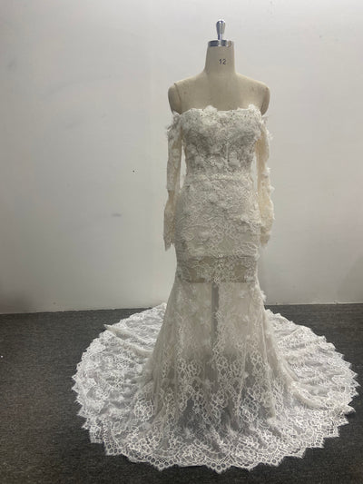 3D Floral Lace Mermaid Wedding Dress Off Shoulder Long Sleeve Sweetheart Lace Up