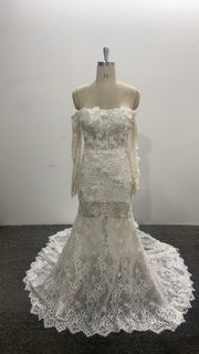 3D Floral Lace Mermaid Wedding Dress Off Shoulder Long Sleeve Sweetheart Lace Up