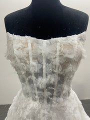 Off Shoulder Wedding Dress A-line 3D Floral Lace Tulle Corset Detachable Long Sleeve