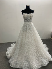 Off Shoulder Wedding Dress A-line 3D Floral Lace Tulle Corset Detachable Long Sleeve
