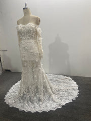 3D Floral Lace Mermaid Wedding Dress Off Shoulder Long Sleeve Sweetheart Lace Up
