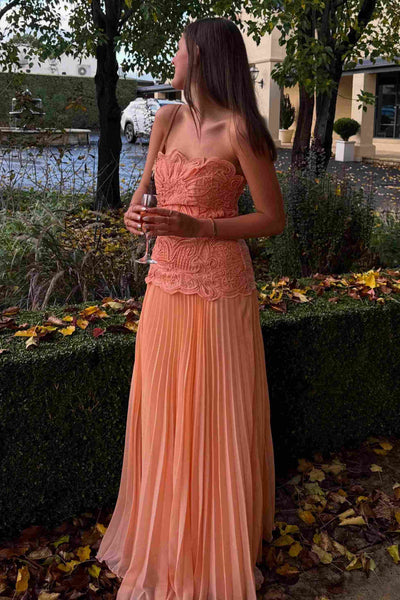A-Line Strapless Appliques Chiffon Pleated Long Prom Dress