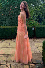 A-Line Strapless Appliques Chiffon Pleated Long Prom Dress
