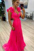 A-line Chiffon V-Neck Ruffled Shoulder Long Formal Prom Dress, Slit