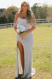 Strapless Beaded Scoop Long Prom Dress with Slit
