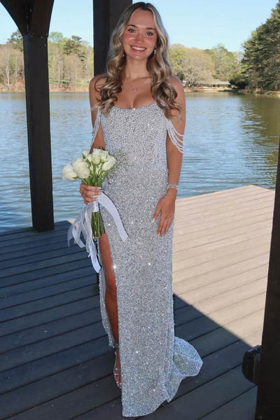 Strapless Beaded Scoop Long Prom Dress with Slit