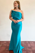 Asymmetrical Green Strapless Ruched Mermaid Long Formal Dress