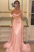 Pink A-Line Off-Shoulder Pleated Chiffon Long Prom Dress, Feathers