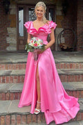 A-Line Pink V-Neck Sleeveless Satin Ruffles Long Prom Dress, Slit