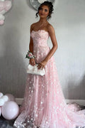 Pink A-Line Strapless Sweetheart Lace Appliques Tulle Long Prom Dress