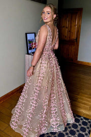Pink A-Line V-Neck Straps Appliques Floral Long Dress