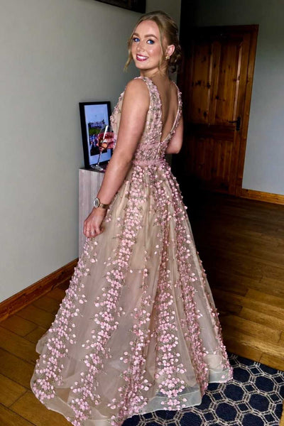 Pink A-Line V-Neck Straps Appliques Floral Long Dress