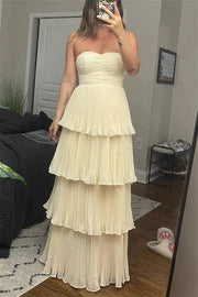 Pink Chiffon A Line Strapless Ruffled Multi-Layer Long Prom Dresses