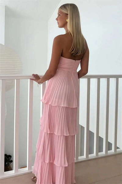 Pink Chiffon A Line Strapless Ruffled Multi-Layer Long Prom Dresses