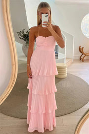 Pink Chiffon A Line Strapless Ruffled Multi-Layer Long Prom Dresses