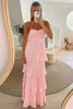 Pink Chiffon A Line Strapless Ruffled Multi-Layer Pleats Long Prom Dress