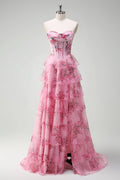 A-line Pink Floral Chiffon Strapless Tiered Long Sweep Prom Dress, Slit