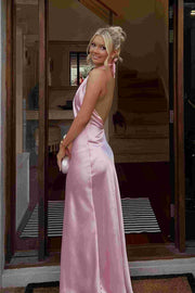 Pink Halter Sleeveless Satin Backless Long Prom Dress