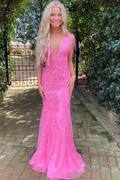 Plunging Straps Pink Lace Tulle Mermaid Long Formal Party Prom Dress