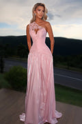 Pink One Shoulder A-Line Pleated Long Formal Prom Dress, Lace