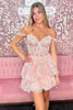A-line Off Shoulder Sweetheart Layered Short Sequin Lace Tulle Homecoming Dress