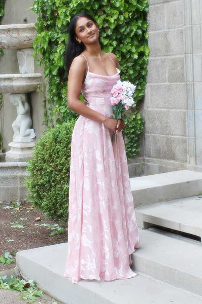 Pink Spaghetti Straps Print A-Line Sleeveless Long Prom Dress