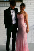 Mermaid Pink Satin Straps Sequined Backless Long Prom Dress, Flowers