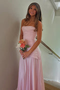Pink Satin Strapless A-Line Pleated Sleeveless Long Prom Dress