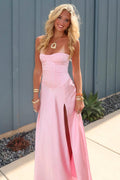 A-Line Strapless Pink Satin Sleeveless Long Prom Dress, Side Slit